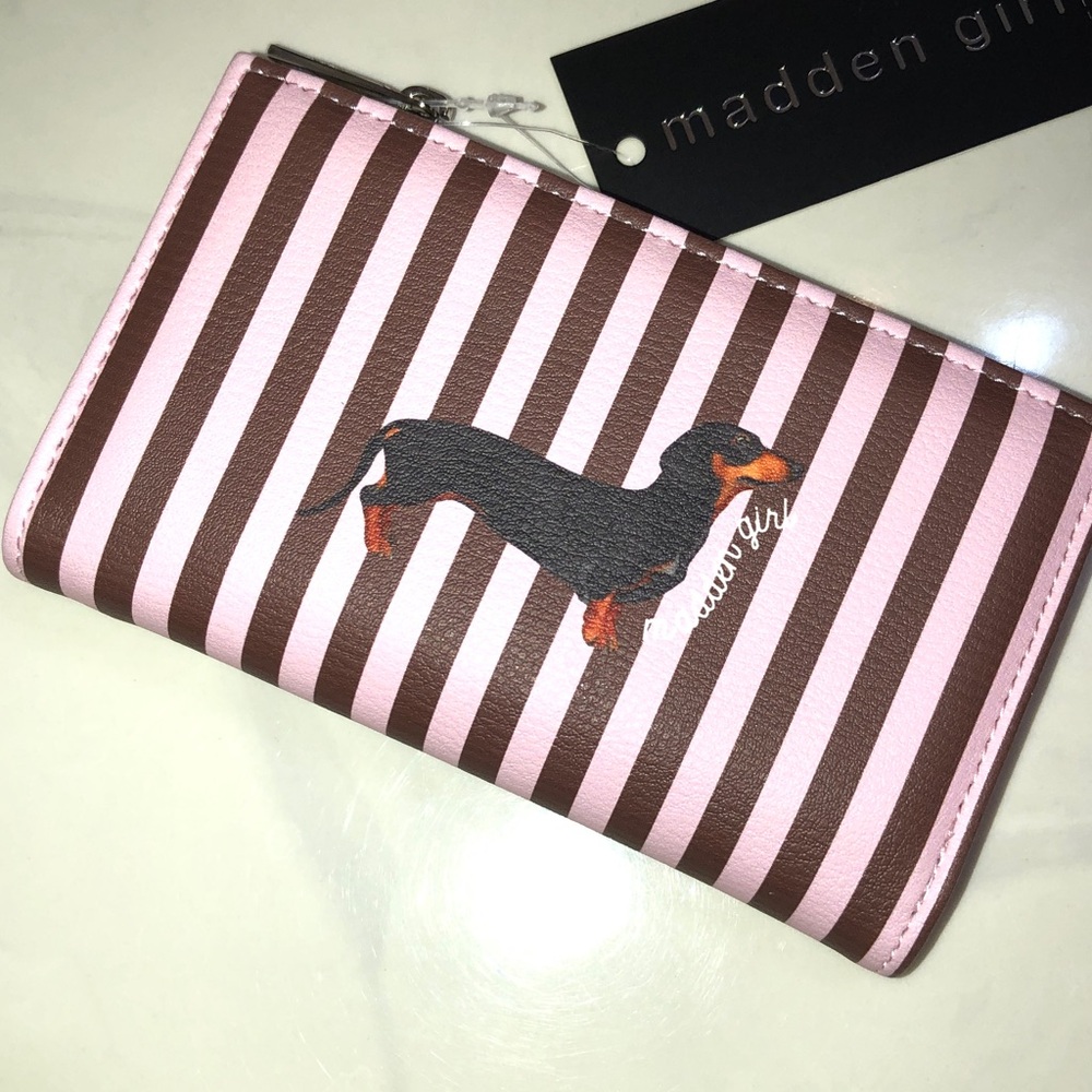 Madden Girl Pink & Brown Striped Bifold Faux Leather Wallet Dachshund Accent NWT - Picture 15 of 16